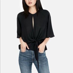 Express Tie Front Flutter Sleeve Blouse in Pitch Black XS